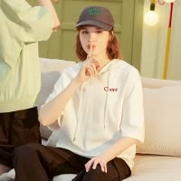 [2.5折价67元]唐狮夏季新款半袖卫衣白色短袖连帽t恤女设计感小众宽松帽衫