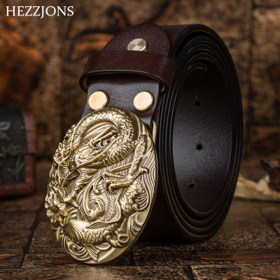 赫泽琼斯HEZZJONES皮带男进口牛皮真皮腰带鱼戏龙珠纯铜扣个性裤带休闲潮男发型师皮带