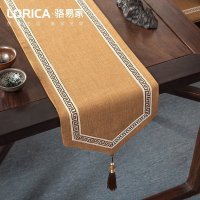 美式桌旗新中式禅意茶旗布现代简约茶几餐桌北欧电视柜布床旗定制 福延年-卡其(尖角款) 33*390cm