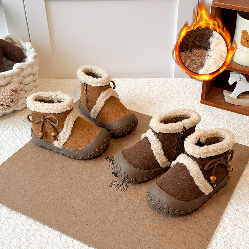 女童时尚加绒靴冬季新款儿童加绒加厚圆头棉鞋小童短靴