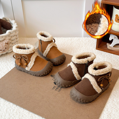 女童时尚加绒靴冬季新款儿童加绒加厚圆头棉鞋小童短靴