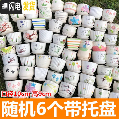 三维工匠多肉花盆陶瓷大号肉肉植物个性绿萝创意简约大口径小花盆 随机6个带托盘10cm 小花盆容器