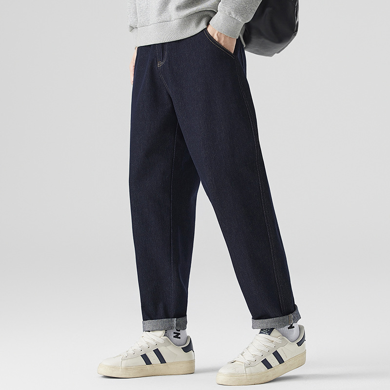 复古日系丹宁男裤 深靛蓝原色宽松锥形 春秋潮牌男式萝卜长裤子