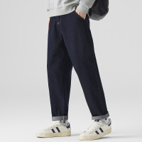 复古日系丹宁男裤 深靛蓝原色宽松锥形 春秋潮牌男式萝卜长裤子