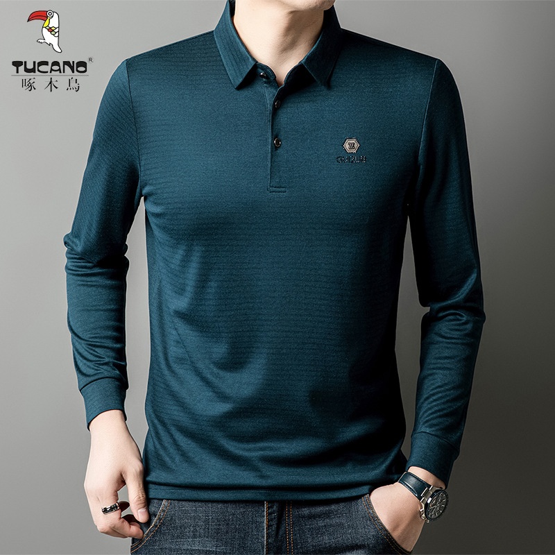 啄木鸟2025春季新款中老年爸爸装商务休闲长袖打底上衣男士Polo衫