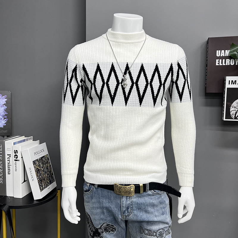 男士毛衣秋冬新款雪尼尔保暖加厚内衣线衣圆领打底针织衫男几何潮