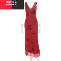YIBUSHENG 御姐辣妹V领红色连衣裙女2024季新款收腰气质长裙子