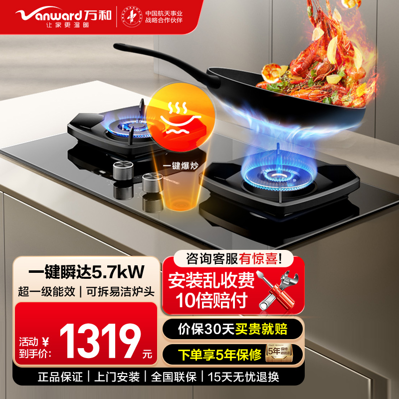 万和燃气灶天然气 5.7KW猛火90秒一键爆炒 智能定时熄火保护可调节盘JZT-S5L55