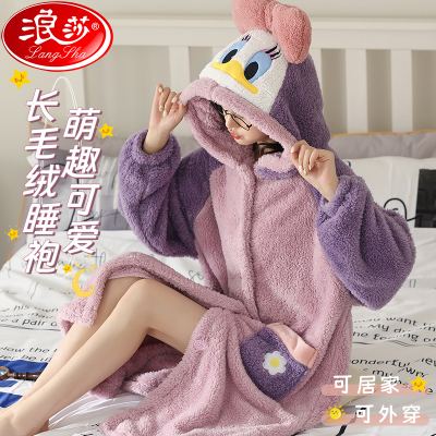 珊瑚绒睡衣女唐老鸭秋冬睡袍加绒加厚长款家居服可爱女款冬季睡裙