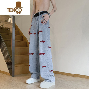 YANXU美式hiphop高街裤子小众设计感刺绣字母牛仔裤男潮直筒宽松阔腿裤