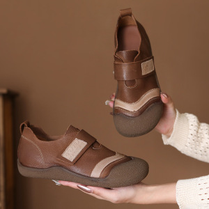 头层牛皮年秋季新款圆头民族风拼色魔术贴休闲平底单鞋套脚鞋