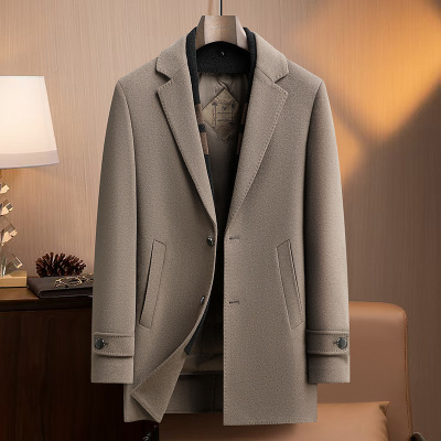 秋冬围巾款鹅绒内胆加厚中长羊毛双面呢大衣风衣男士商务羊毛外套