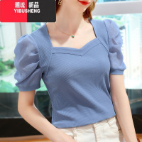 YIBUSHENG冰丝t恤女装新款短袖体恤衫泡泡袖休闲显瘦百搭女士时尚上衣服