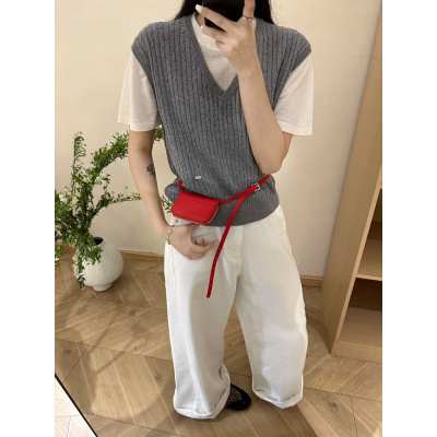 韩系 假两件短袖针织衫女装25新款羊毛麻花V领撞色T恤薄春款上衣