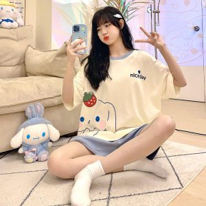 春夏季女士卡通仿棉韩版睡衣可爱休闲短袖短裤可外穿家居服套装