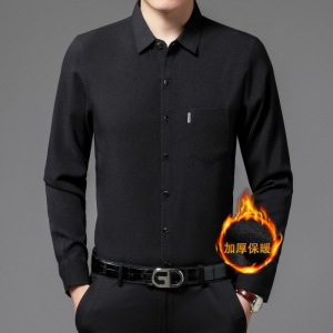 男士新款亚麻加绒衬衫中年翻领保暖棉衣衬衣爸爸装