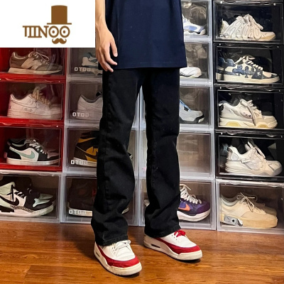 YANXU美式高街头黑色基础款复古水洗微喇牛仔裤修身显瘦直筒长裤子男女