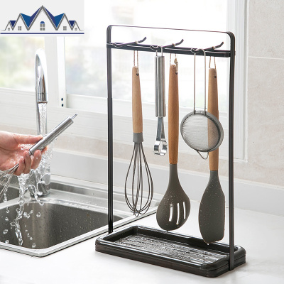 厨房台面铁艺厨具挂架6连钩带接水盘锅铲勺子收纳架置物架 三维工匠