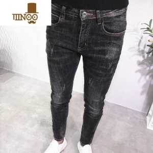 YANXU潮牌牛仔裤男黑灰色小直筒修身复古长裤百搭显瘦新款韩版社会