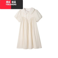 YIBUSHENG法式甜美娃娃领格纹连衣裙女季小个子减龄宽松泡泡袖过膝长裙子