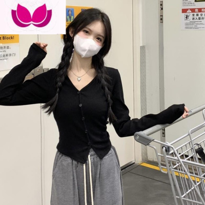 七斓V领内搭长袖t恤打底衫女春季新款小众设计感时髦时尚洋气修身上衣