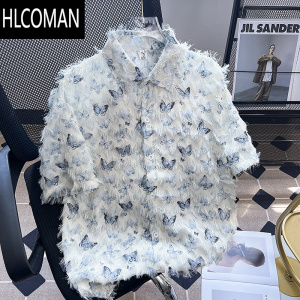 HLCOMAN流苏蝴蝶设计感衬衫男女短袖夏季休闲衬衣宽松潮牌高级感痞帅上衣