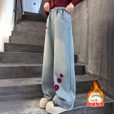 女童加厚裤子新款儿童一体绒冬装直筒阔腿裤初中生女孩牛仔裤