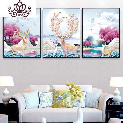 封后5d钻石画满钻麋鹿点贴钻十字绣钻石绣2019新款客厅简约现代三联画圆钻满钻210x95-三幅70x95