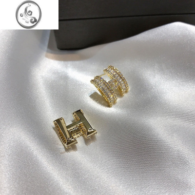 JiMi新款S925银针气质微镶锆石H字母耳钉韩国简约设计潮感耳环耳饰品