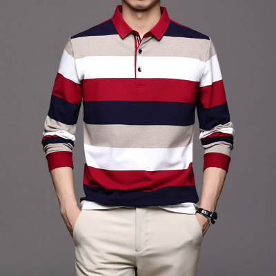 ceba新款彩色t恤套头条纹长袖休闲中青年男人休闲直筒型翻领男式