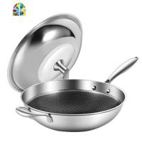 304不锈钢炒锅锅无涂层大马勺家用2炒菜锅电磁炉燃气适用 FENGHOU 乳白色半屏32带盖无副耳