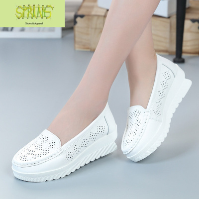 护士鞋软底舒适韩版松糕鞋女白色厚底单鞋真皮透气坡跟医院工作鞋语娄
