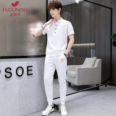 富贵鸟（FUGUINIAO）潮牌夏季男运动休闲套装印花短袖T恤九分裤两件套潮流ins百搭帅气