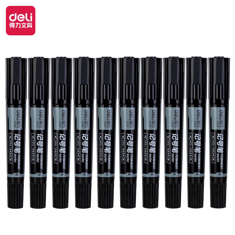 得力(deli) S555 大双头粗头多用物流记号笔签字笔 办公文具教学会议笔马克笔 10支/盒 黑色