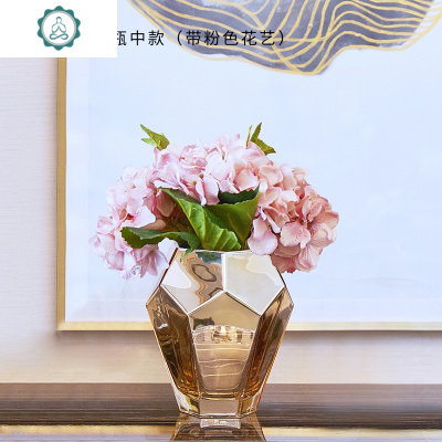 欧式金色玻璃花瓶摆件客厅餐桌电视柜北欧小清新插花家居软装饰品封后金色玻璃花瓶送花艺-+镜面托盘