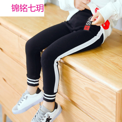 锦铭七玥2018春季女童打底裤 韩版运动风童裤 纯棉条子儿童打底裤批发