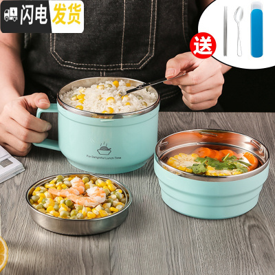 三维工匠304不锈钢小学生带盖防烫饭盒分隔型饭缸儿童便当盒上班族快餐杯 天空蓝普通款--1000送餐具