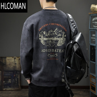 HLCOMAN秋季水洗山系印花卫衣男宽松大码圆领上衣美式复古长袖t恤潮