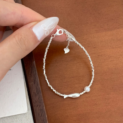 s925纯银年年有鱼碎银子手链高颜值学生党显白ins风珍珠手饰送女朋友老婆情人节七夕生日礼物