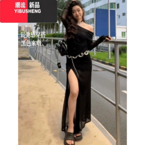 YIBUSHENG微胖mm慵懒风性感网纱连衣裙女垂感显瘦遮肉废土风长裙子辣妹套装