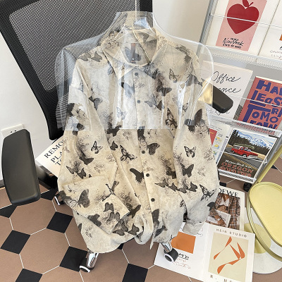 衬衫男春秋新款国风蝴蝶衬衫男宽松垂感满印衬衣长袖时尚潮流上衣