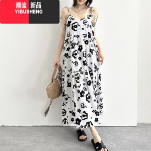 YIBUSHENG长款棉绸连衣裙女薄碎花大裙摆吊带裙时尚度假风人造棉外穿裙宽松