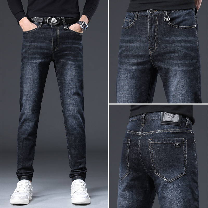 轻奢欧货秋季深蓝色牛仔裤男潮牌修身小脚百搭弹力休闲长裤子