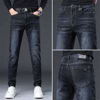 轻奢欧货秋季深蓝色牛仔裤男潮牌修身小脚百搭弹力休闲长裤子
