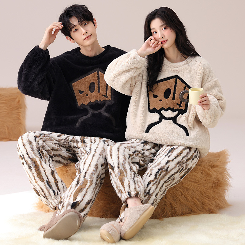 情侣睡衣女款春秋冬季珊瑚绒加厚加绒保暖一男士一女士家居服套装