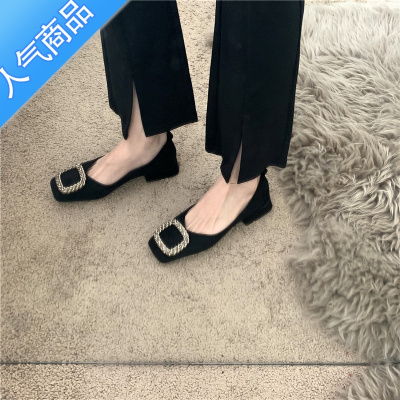 SUNTEK晚晚法式复古上班族高跟鞋粗跟单鞋女春秋2022春夏新款女鞋乐福鞋