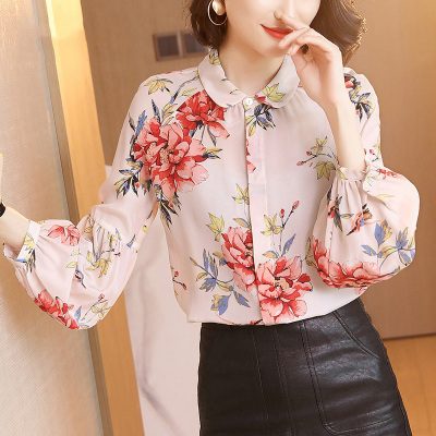 佐露絲RALOS韩版优雅小清新印花衬衫女2021春季长袖娃娃领气质淑女上衣