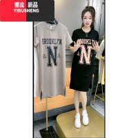 YIBUSHENG网红同款休闲百搭连衣裙女季新款圆领短袖印字母遮肉显瘦卫衣裙