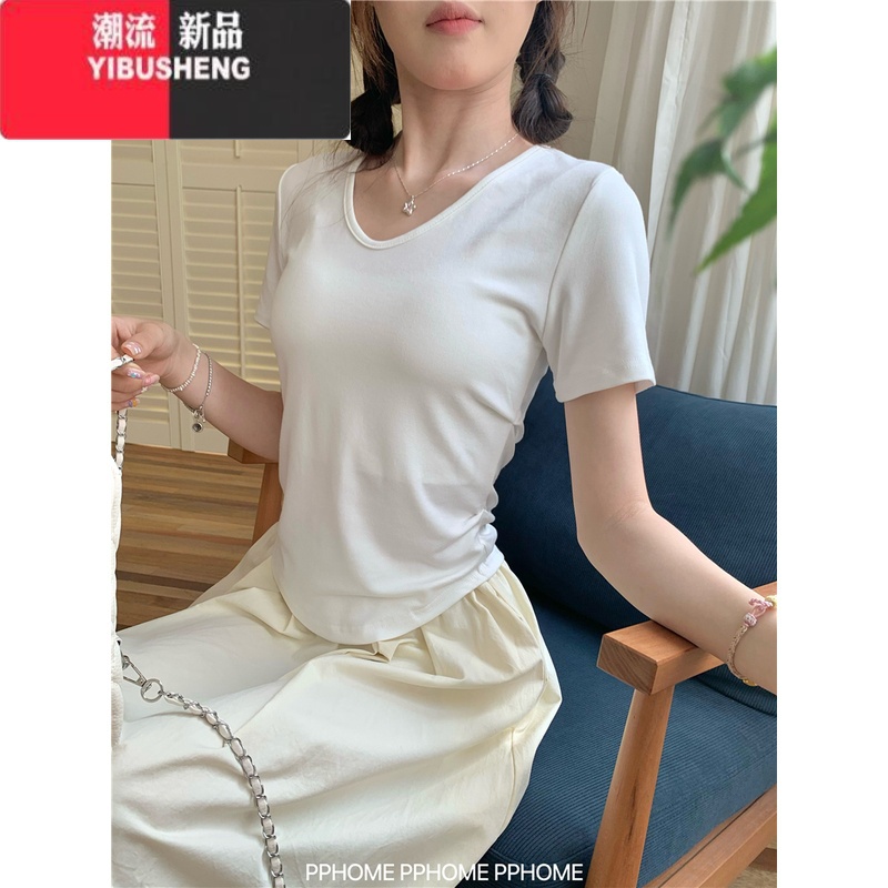 YIBUSHENG自制~显瘦天菜 温柔掐腰T恤季正肩显瘦V领修身短袖上衣女