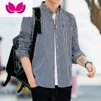 七斓港风ins格子衬衫男士长袖韩版潮流帅气外套休闲情侣秋季衬衣修身